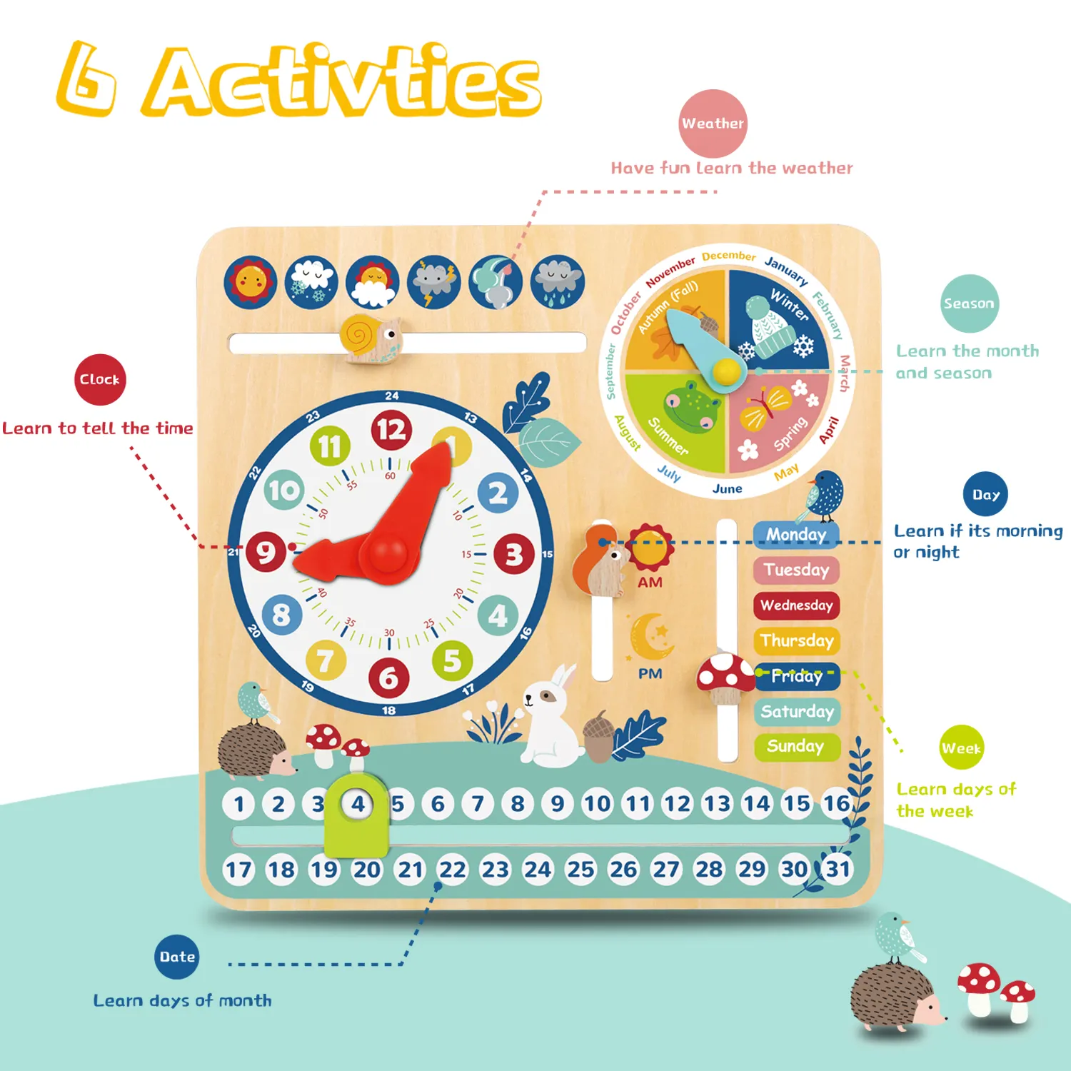 2024 Novo calendário de madeira multifuncional 6 em 1 relógio de brinquedo com data brinquedos educativos para crianças aprendendo