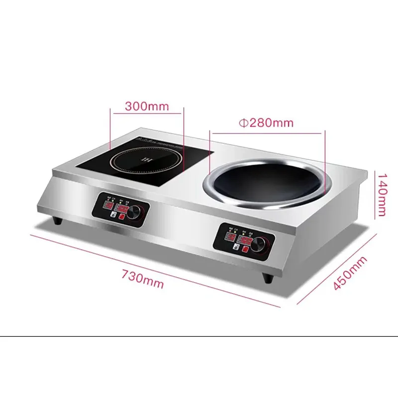 Nuevo diseño 3500W inteligente impermeable doble uno plano cóncavo 2 quemadores wok industrial comercial Cocina de Inducción eléctrica