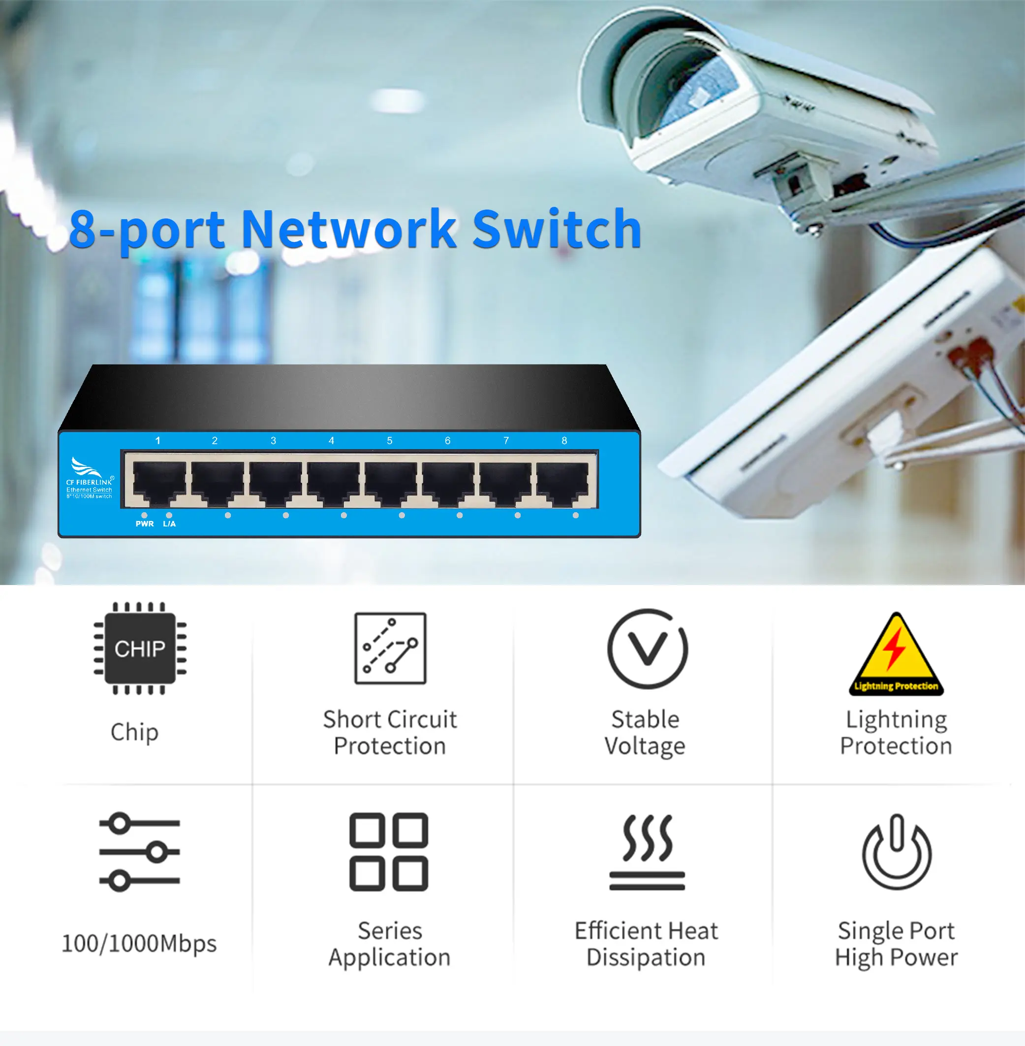 8 منافذ 100Mbps مع دعم التقليب التلقائي للمنفذ للتعلم الذاتي لعنوان MAC