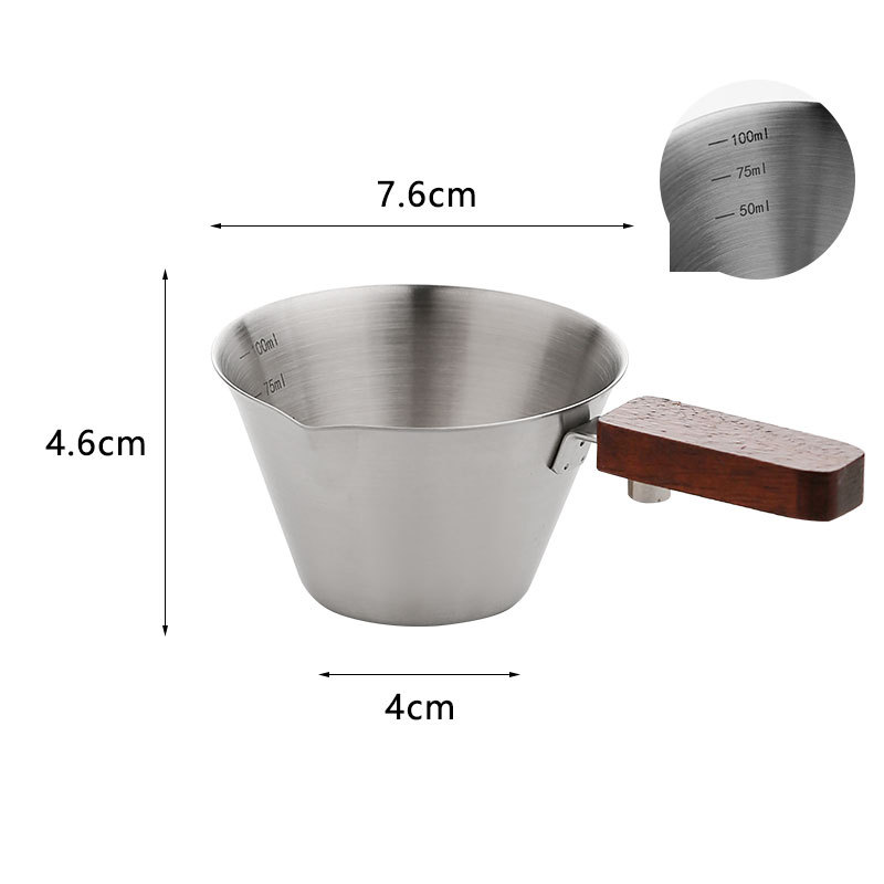 Taza de extracción de café, plateada, cuadrada, con mango de madera - 100ml