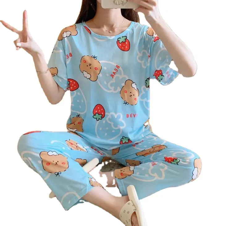 ホットセール夏の女性ホームウェア服セット漫画プリント綿パジャマファッション