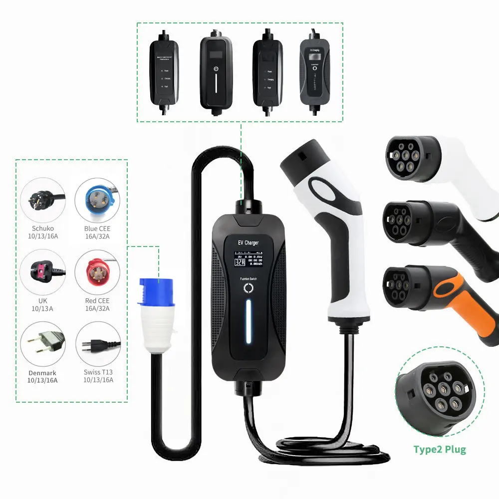 Caricabatterie portatile Ev di vendita calda europea per tutti i veicoli elettrici caricabatterie per auto E-Mobility Type2 caricabatterie Ev per la casa 32Amp 7kw