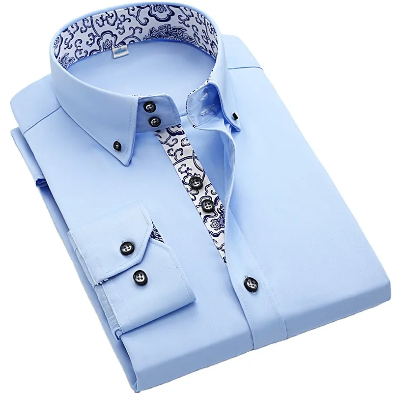 Camisa de algodão puro para homens, camisa formal de cor sólida e abotoaduras para primavera e outono, vestido slim fit