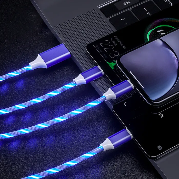 3 in 1 Flow leuchtendes LED-USB-Kabel Aufladekabel für iPhone 15 14 13 Huawei Samsung Multi-USB-Port USB C