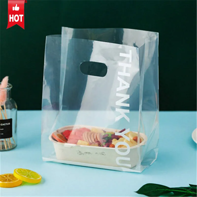 Sac en plastique imprimé personnalisé bon marché, emballage de gâteau de boulangerie, sac en plastique pour boîte à gâteau, sac à emporter, sac Transparent avec poignée