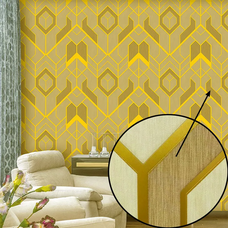 Papier peint géométrique moderne de haute qualité, avec lignes dorées sur texture verticale, gaufré moyen