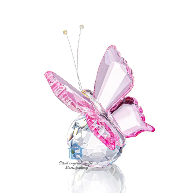 Figura de mariposa de cristal K9 con facetas, bonito modelo de mariposa voladora de cristal rosa con Base de cristal, regalos de animales