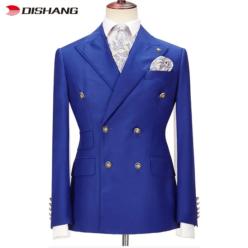 Los mejores hombres personalizados de doble botonadura Slim Fit hombres Blazer fiesta 2 piezas traje boda novio pico solapa traje de hombre