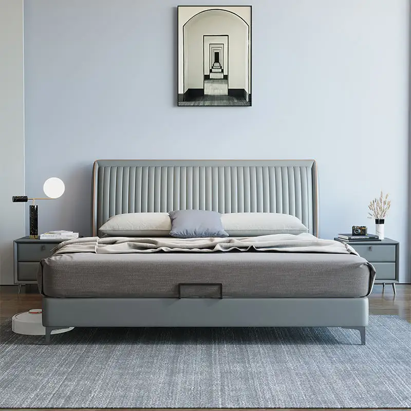 Cama de diseño de estilo simple y superior muebles de dormitorio de lujo ligeros modernos cama doble de cuero suave