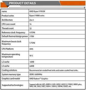 Super-Hochleistungs-AMD Ryzen 9 9950X 16-Kern-Desktop-Prozessor mit 32 Threads für Desktop-Computer AMD Boxed CPU - Product Image 6