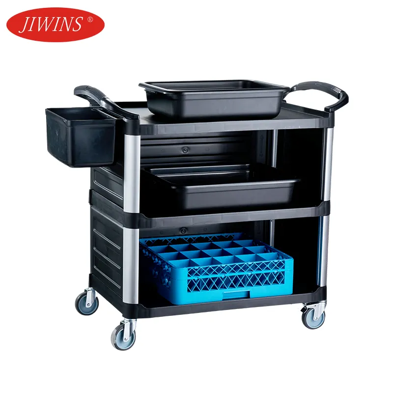 Chariot de service en plastique utilitaire robuste à 3 étagères Jiwins Wholesale Mul-tifunciton pour la restauration de restaurant