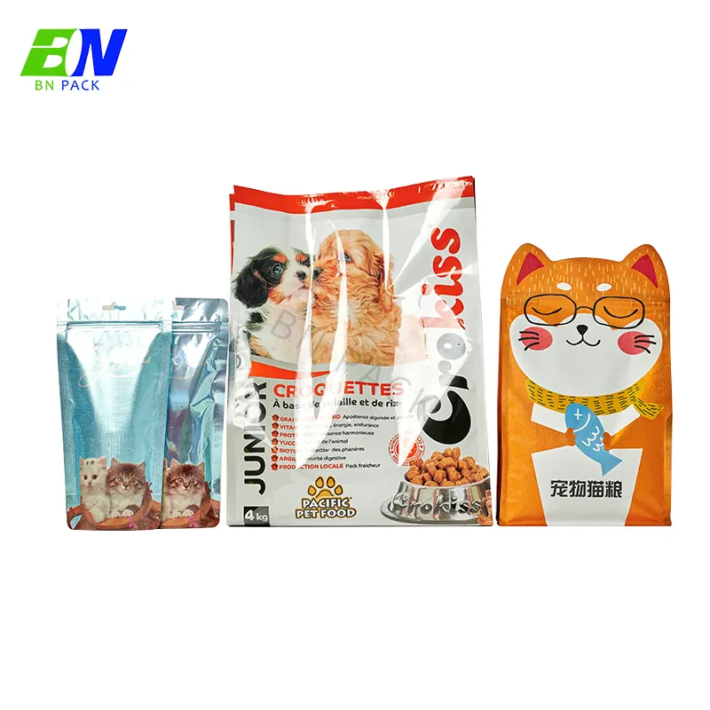 Embalagem personalizada 4 kg 8 kg, embalagem lateral premium de plástico para animais de estimação, bolsa de empacotamento reutilizável com saco de comida para cachorro