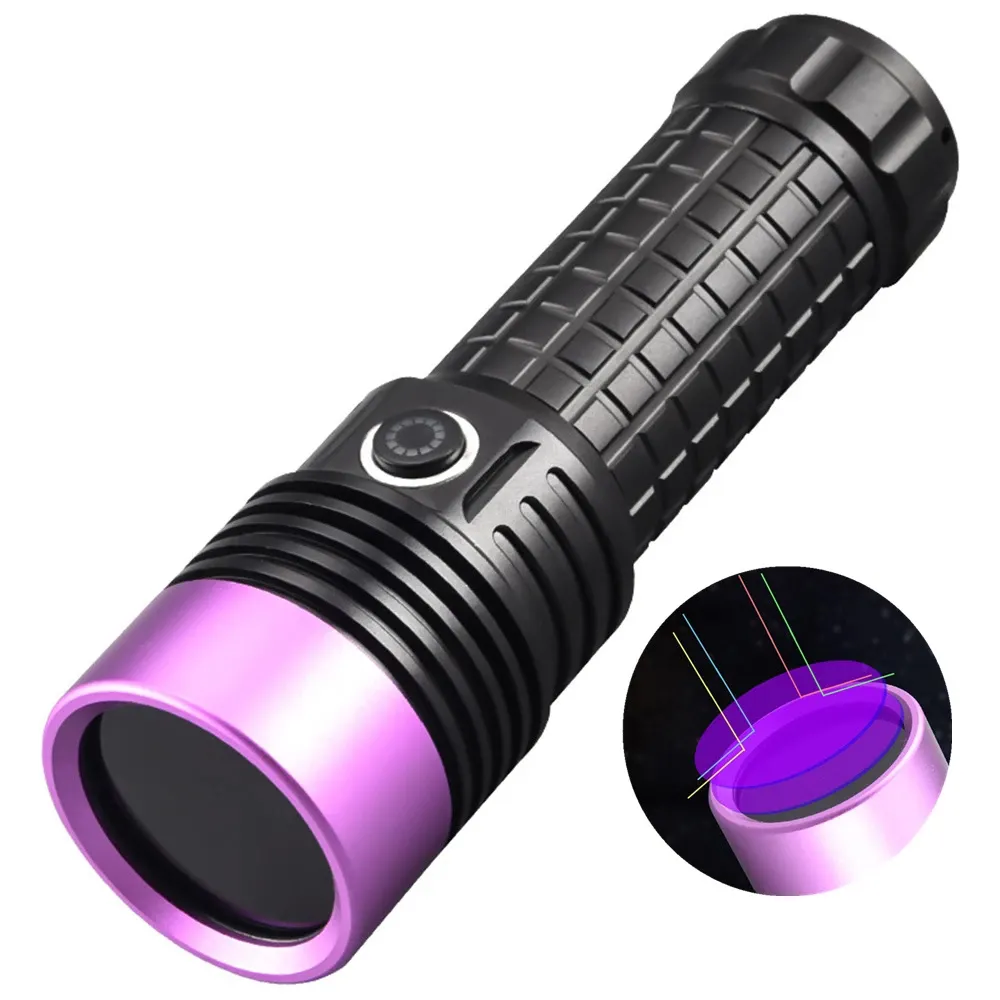 Potente torcia UV 365NM specchio nero luce viola 60W torcia di rilevamento dell'inquinamento da petrolio fluorescente ricaricabile 26650 lanterna