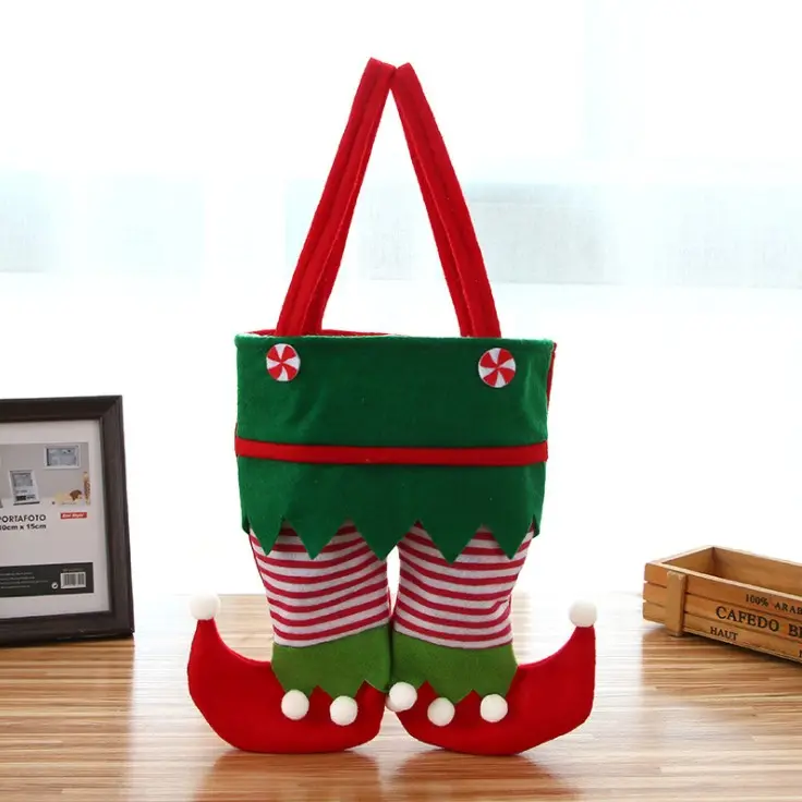 Pantalones de Papá Noel de decoración navideña, bolsa de regalo de elfo, vino, fieltro, dulces