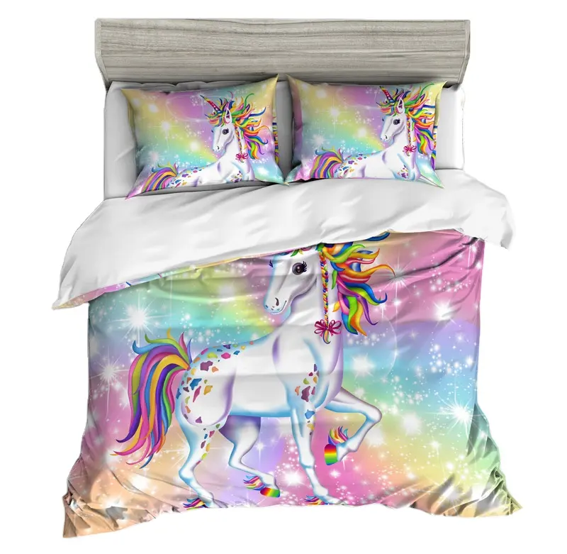 Juego de funda de edredón para niñas, ropa de cama personalizada, con estampado Digital 3D, 100% algodón, dibujos de unicornios
