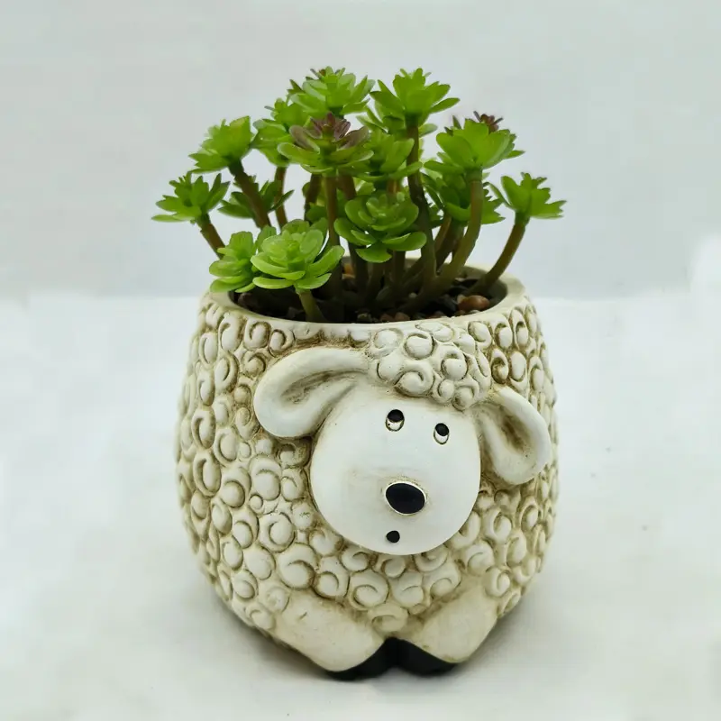 Ustomized-maceta con forma de animal de oveja para interior, decoración de escritorio para el hogar, pequeña planta de conejo de cemento