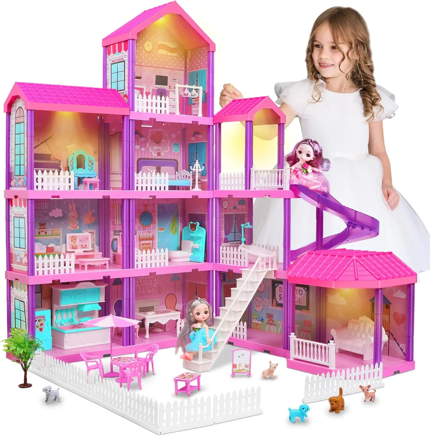 لعبة زينة الأميرة للفتاة ، أثاث سهل التركيب ، منزل دمية وردي للحلم بحجم كبير من البلاستيك مع دمية صبي وفتاة