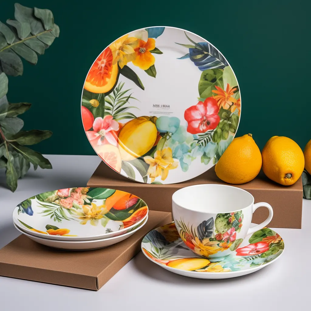 Conjunto de cena de cerámica con estampado de flores Colección de comedor de porcelana con estampado botánico