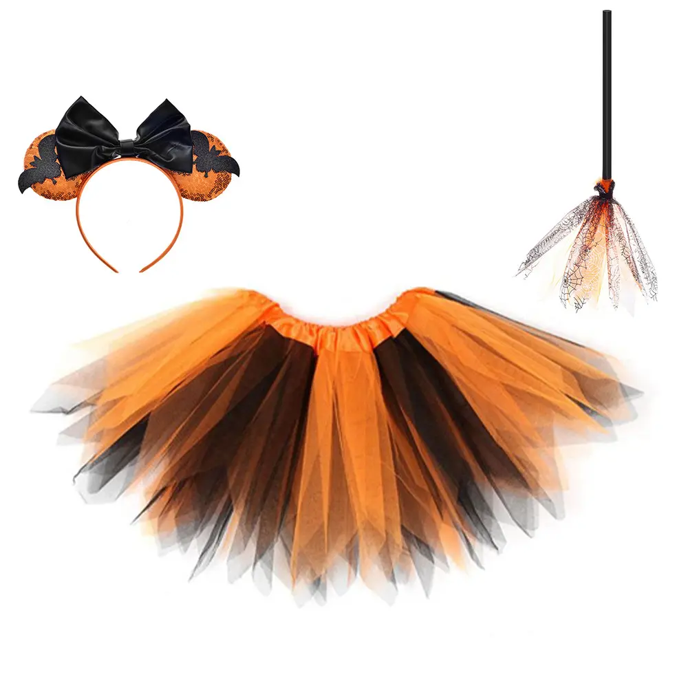 Girls Halloween Party Performance Costume Tulle Tutu Skirt Headband With Flying Broomstick And Pumpkin Fun Costumes