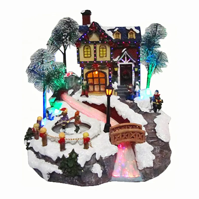 फाइबर ऑप्टिक क्रिसमस गांव के साथ चलती बच्चों के माध्यम से अनुकूलक संचालित राल क्रिसमस घर मौसमी सजावट और उपहार के लिए
