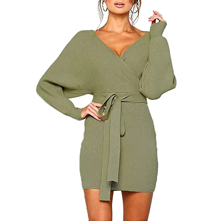 Femmes Sexy Cocktail chauve-souris à manches longues col en V dos nu moulante pull en tricot couleur unie Mini robe