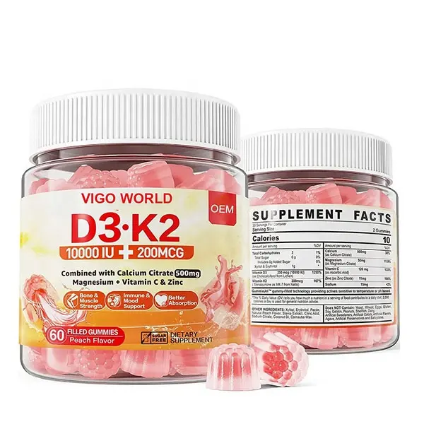 Sıcak satış Vitamin D3 K2 merkezi dolu Gummies kemik ve kas sağlığını destekler kadın ve çocuklar için bağışıklığı artırır