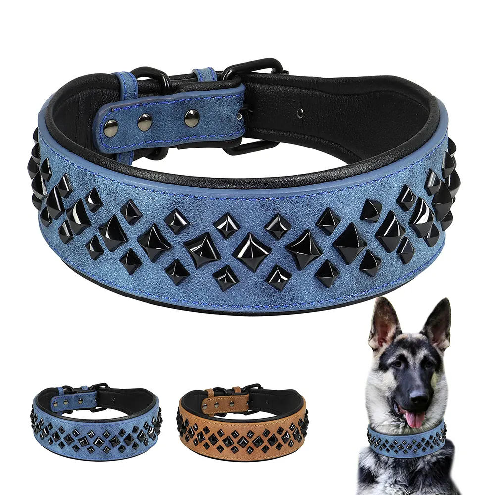 Collar de perro grande con punta, collares de perro de cuero Real, collares de entrenamiento para mascotas acolchados fuertes, Collar para perros medianos y grandes