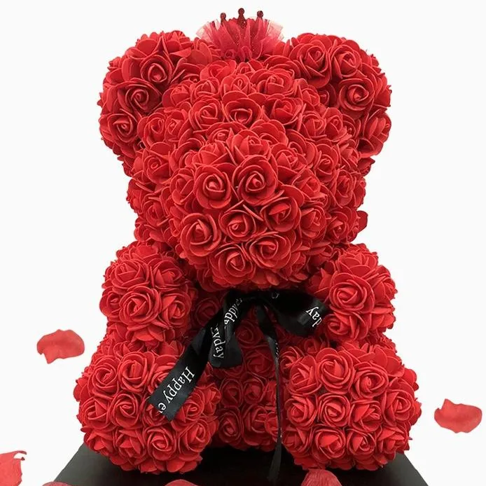 Oso de peluche rosa de flores preservadas hechas a mano, 40cm, regalo de amor para novia