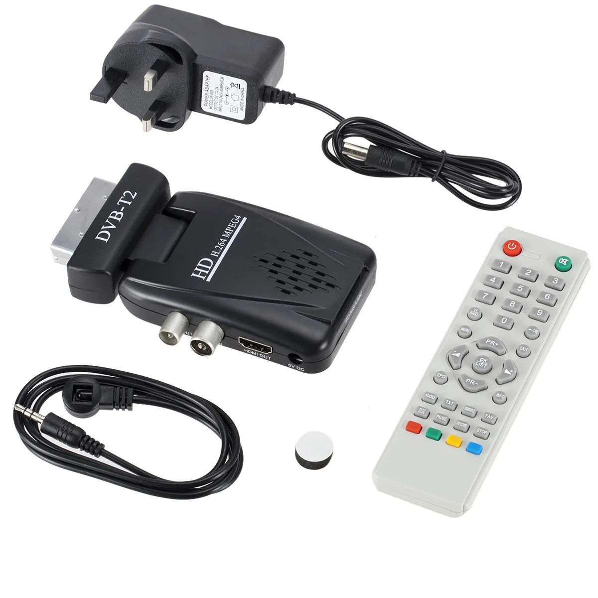 डिजिटल DVB-T2 Scart H.264 1080P HD स्थलीय रिसीवर टीवी बॉक्स यूएसबी एसडी HD आईआर + रिमोट कंट्रोल + आईआर केबल + शक्ति एडाप्टर