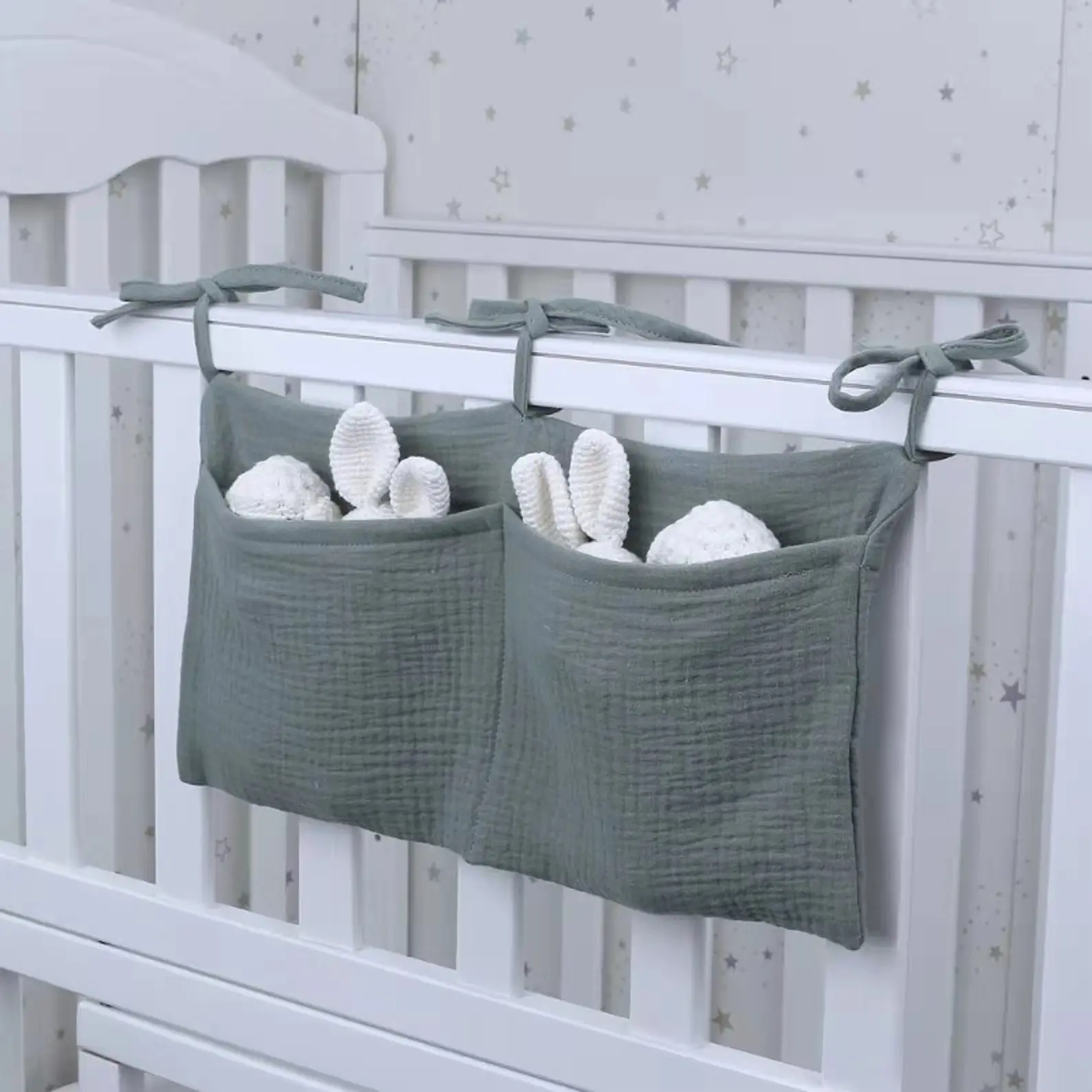 Sac de rangement suspendu en lin pour bébé 2 poches pour berceaux et jouets