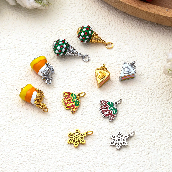 Festive Moments | 18K PVD Gold Plated Stainless Steel Pendants | Food & Ornaments Charms | Waterproof, Hypoallergenic & Durable