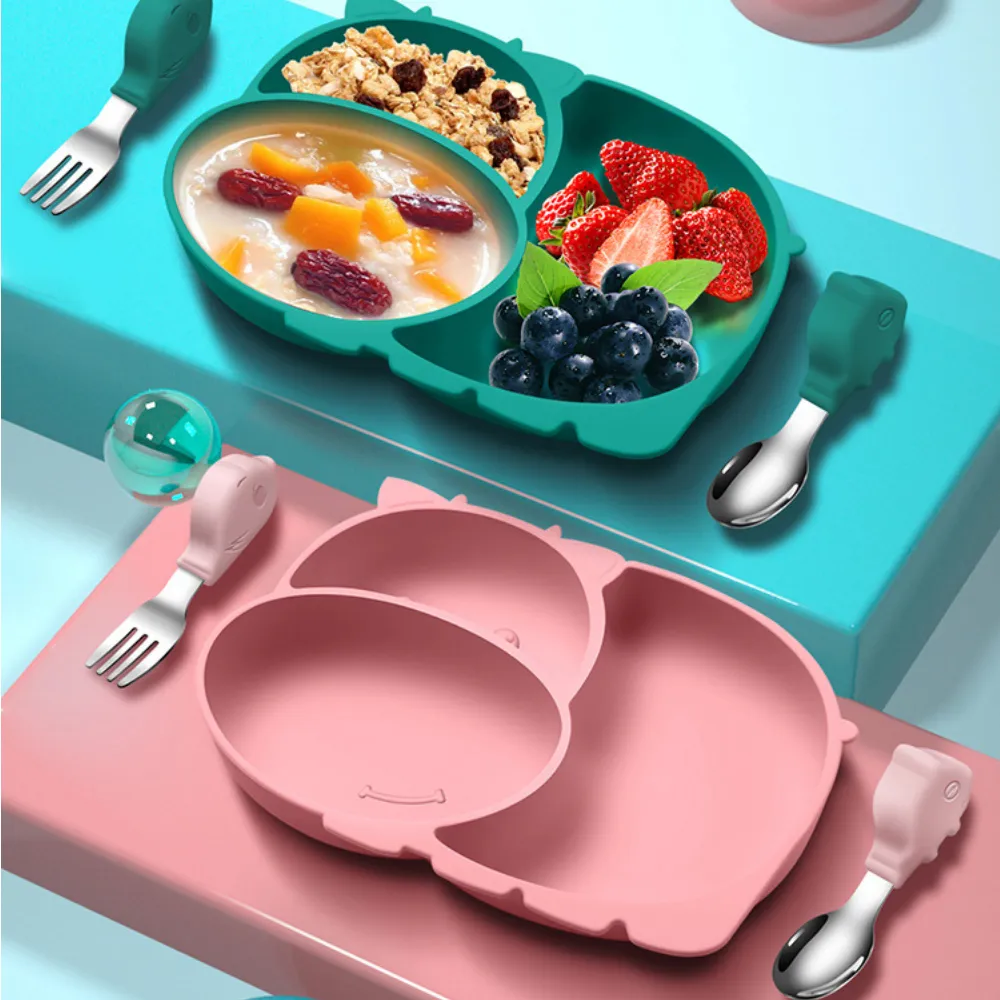 Silicone sucção Baby Bowls placas BPA livre antiderrapante comida talheres para crianças inclui garfo de aço inoxidável