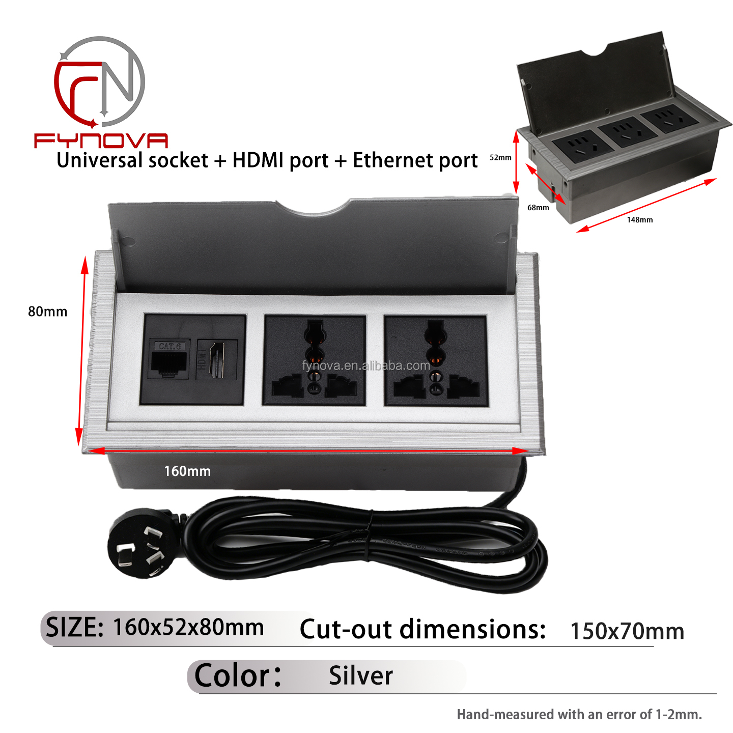 Plata, 2 tomas universales + 1 HDMI + 1 RJ45
