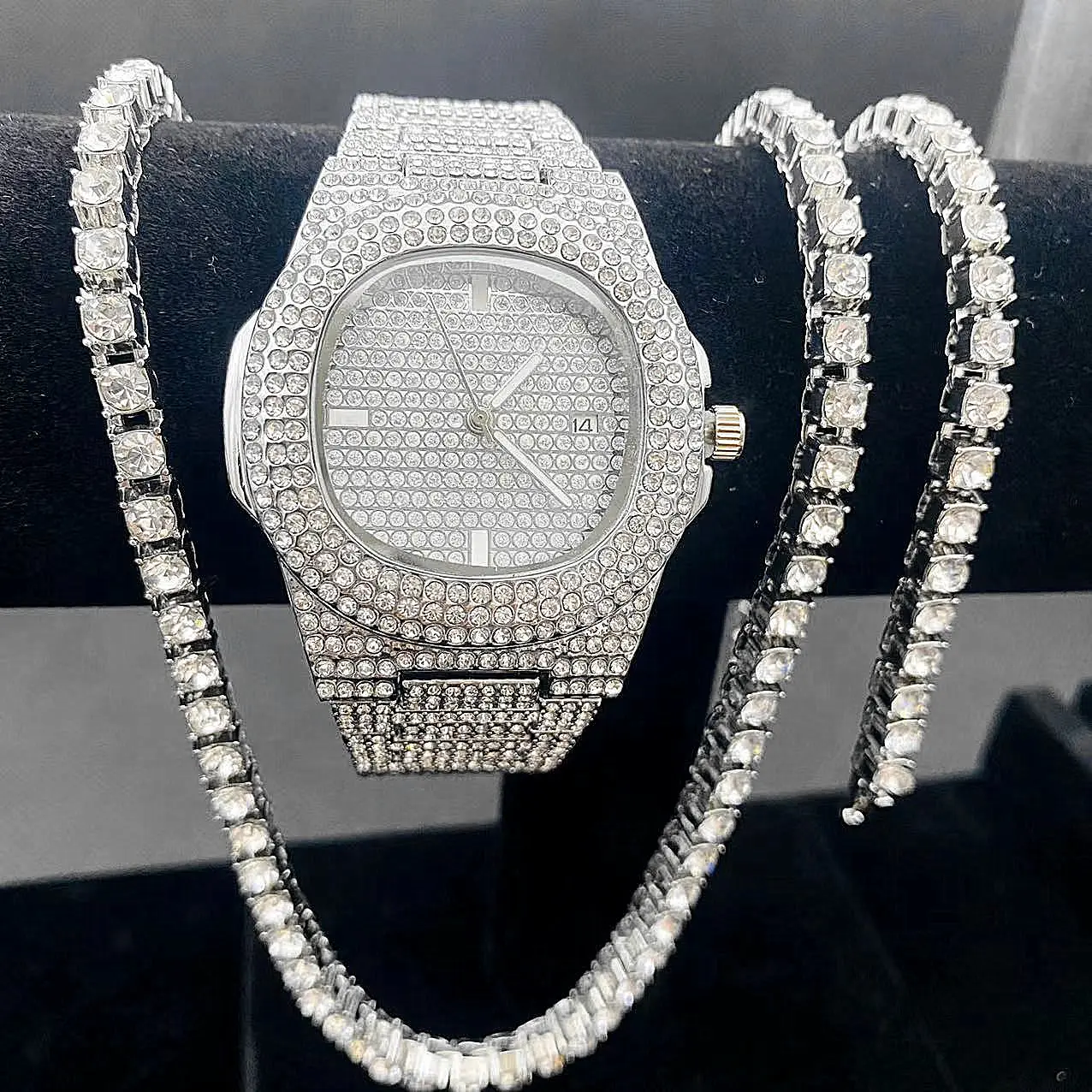 Conjunto de reloj y pulsera de lujo con diamantes para hombre, pulsera de cadena de Hip Hop con collares, conjunto de regalo, conjunto de joyería, 3 uds.