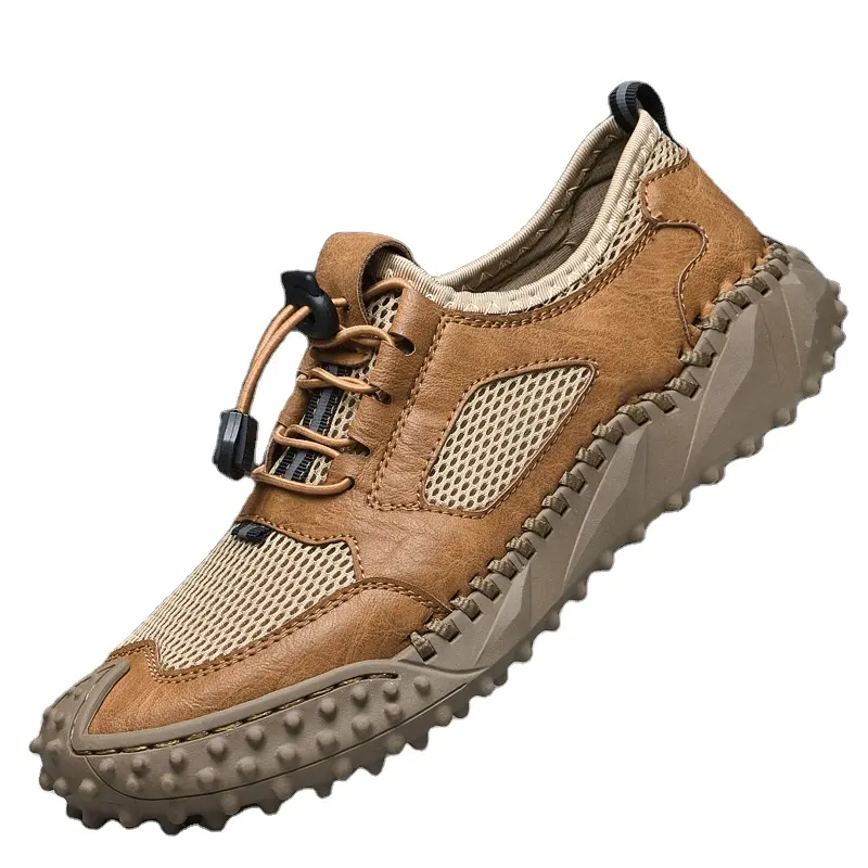 Large size handsewn sole casual shoes Outdoor breathable mesh fabric shoes soft soled non-slip men's hiking shoes