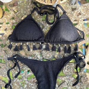 Alta Moda de Duas Peças <span class=keywords><strong>Bikini</strong></span> Swimwear Personalizado Smocked Tecido em Preto Laranja Vermelho Amarelo Sheer <span class=keywords><strong>Micro</strong></span> <span class=keywords><strong>Bikini</strong></span> para Surf Beachwear