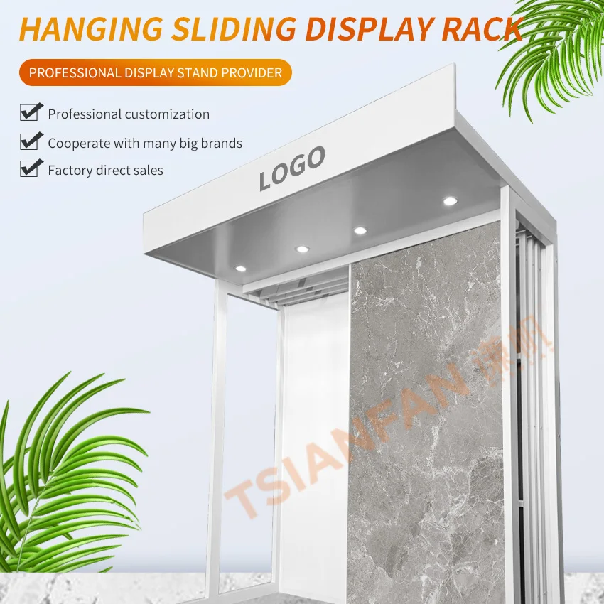 Tsianfan Hanging Sliding Granite Marble Panel Display Carpet Slab Sintered Stone Stand Showroom Tile Display Rack With Light