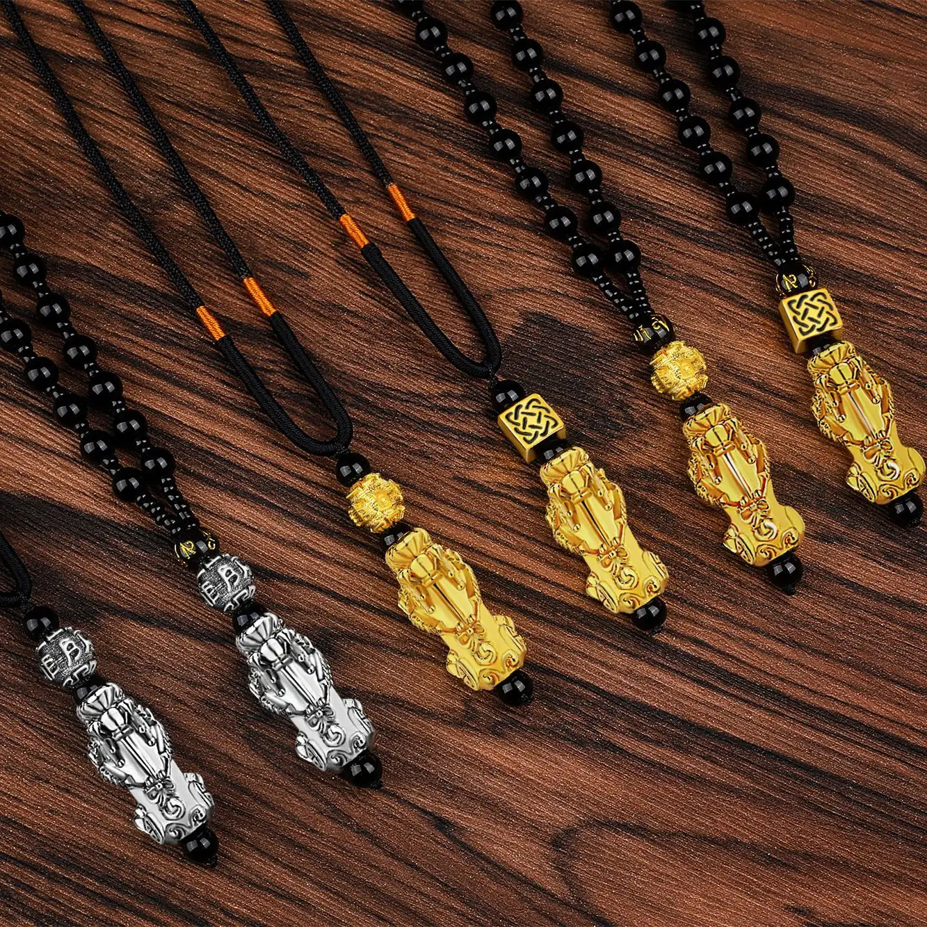 Vintage 24K altın kaplama çin Feng Shui kolye siyah obsidiyen taş boncuklu zincir şanslı Pixiu kolye kolye