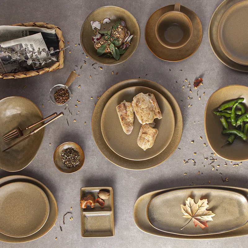 Yayu-vajilla retro personalizable para restaurante, juego de platos de cerámica irregulares amarillos