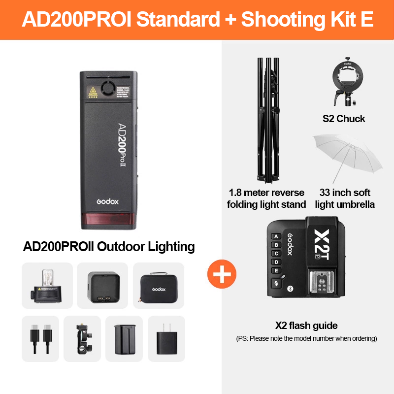 AD200ProII+ S2+ Paraguas de 33 pulgadas+ X2t+ Soporte de luz inverso de 1,5 m