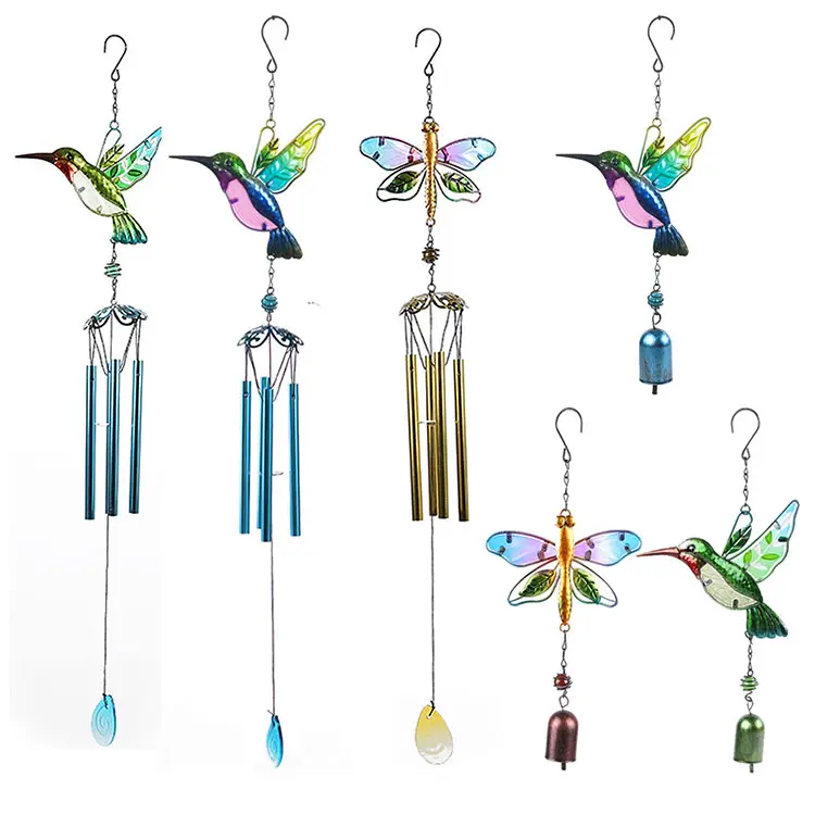 Colibri metal pintado em vidro artesanato decorações penduradas pequenos sinos tubos de alumínio decorações para casa e pátio sinos de vento