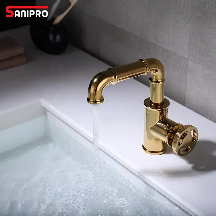 SANIPROヴィンテージデザインブラッシュドゴールドソリッドブラスデッキマウント容器シンクフェイス洗面器タップ高級バスルーム洗面台蛇口