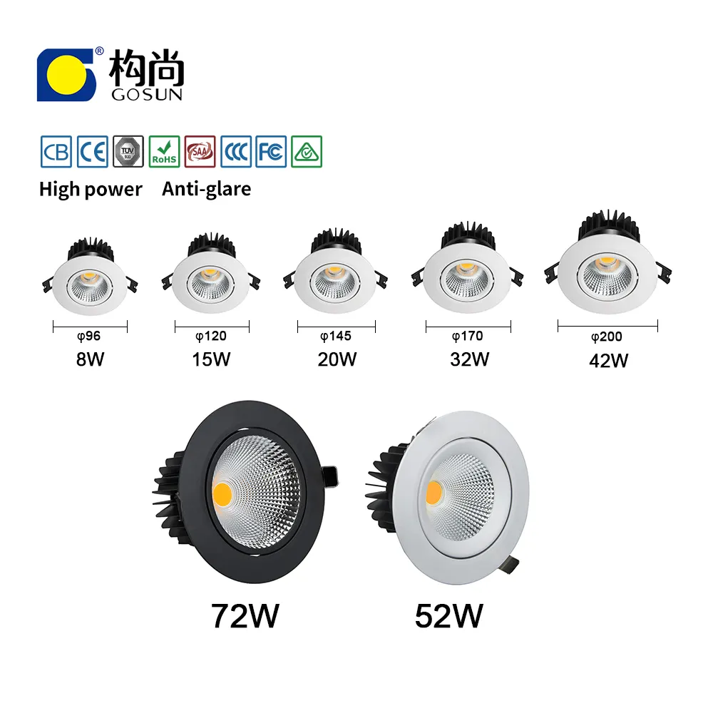 깜박임 무료 8-90W CRI80/90/97 눈부심 방지 recessed 5 년 보증 LED COB 통