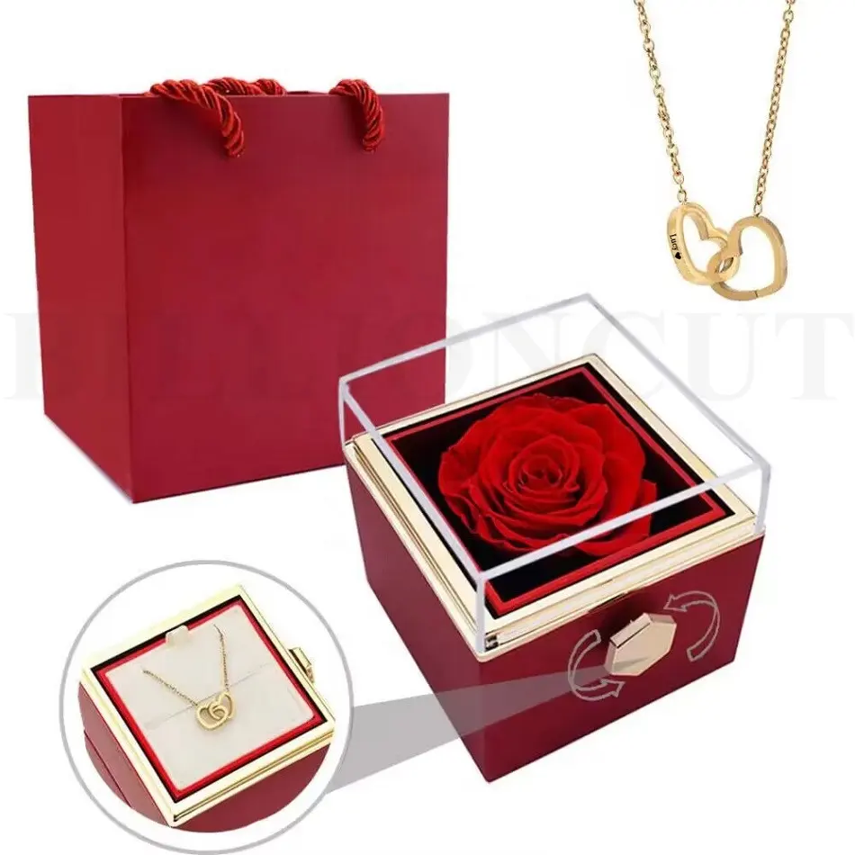 Collar de acero con nombre grabado personalizado de doble Corazón, caja de Rosa eterna para amante, joyería de cumpleaños de San Valentín, caja Real personalizada