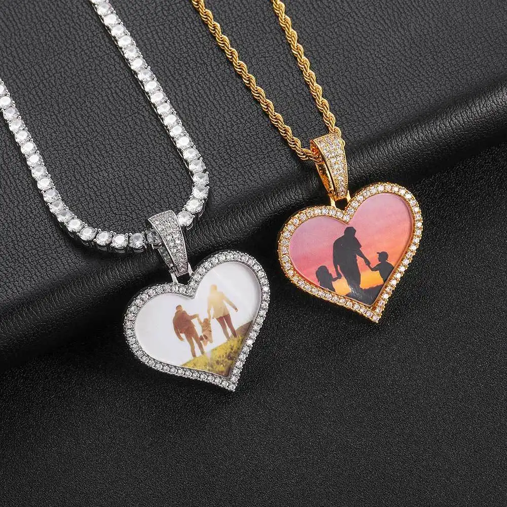 Personalized Gold Plating Heart Pet Picture Custom Photo Frame Zircon Love Necklace With Twist Chain