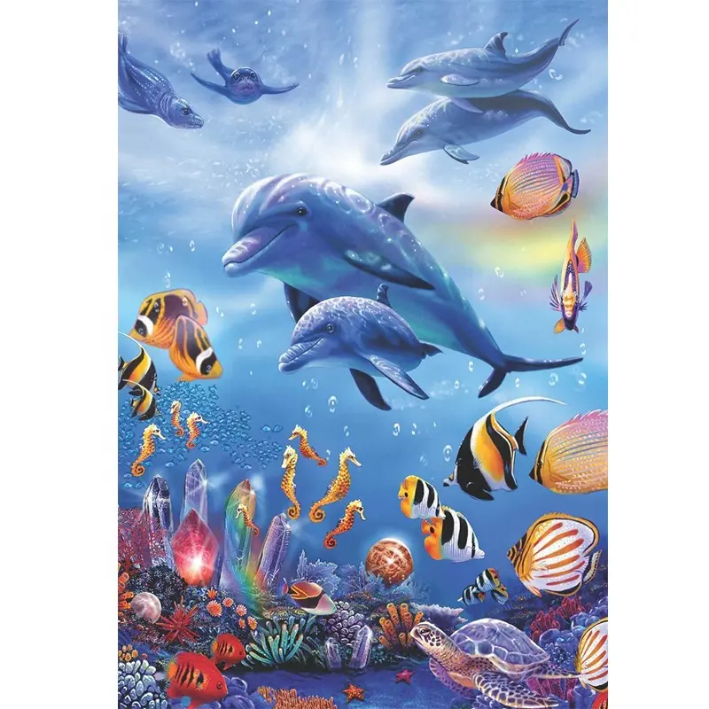 Pintura de diamantes DIY personalizada, tortugas marinas, delfines y peces nadando en el mar, pintura de 5d con bordado de diamantes, Arte de la pared Decoración para el hogar