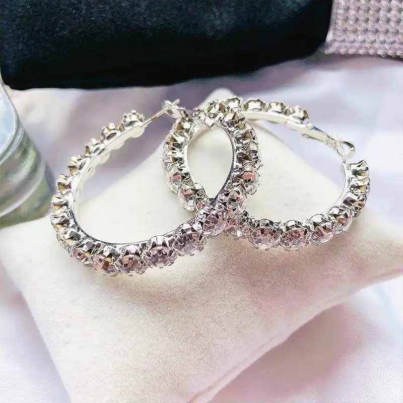5.5cm 925 Sterling Silver Jewelry Big Circle Shiny Crystal Hoop Earrings Fashion Rhinestone Ear Hoop Earrings
