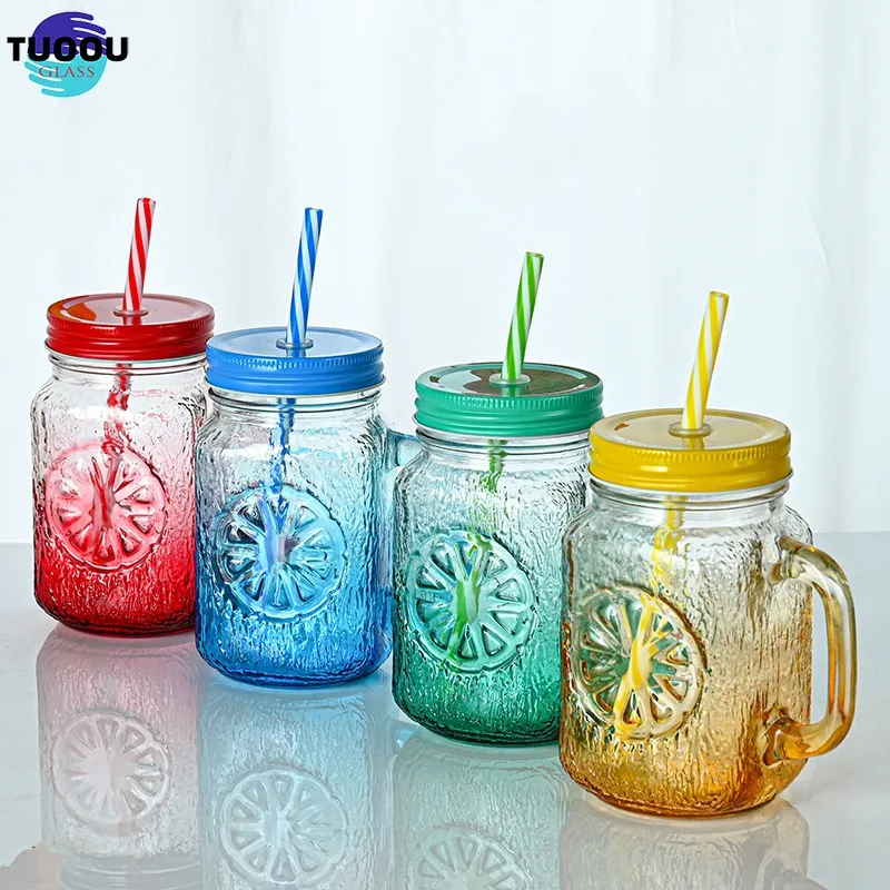 Stok toptan 18oz limon doku baskı cam turşu kavanozu ile ve hasır kapak bardak suyu kahve soğuk içecek kolu kupa