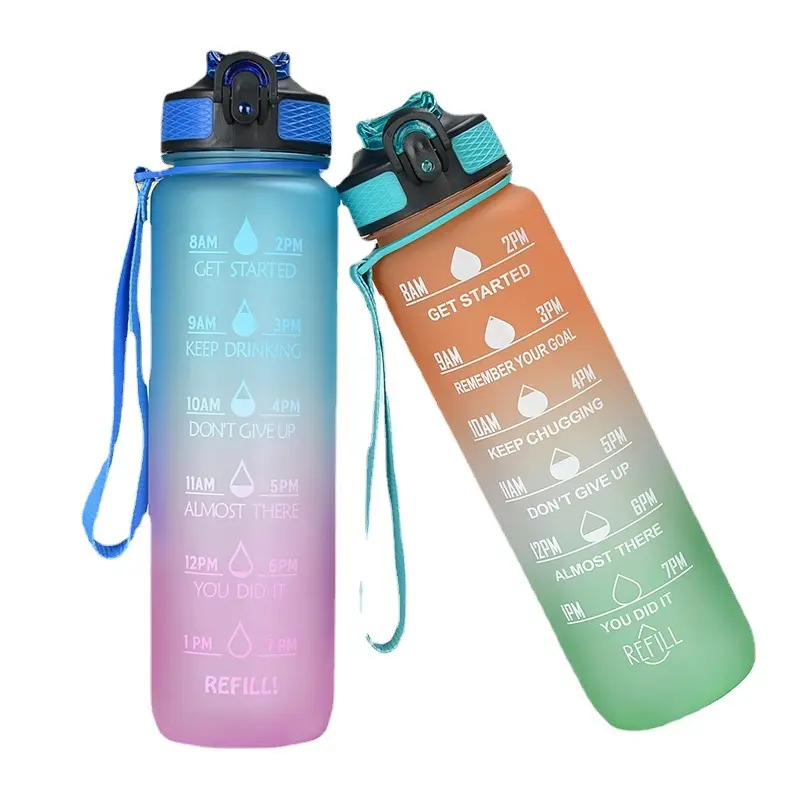 Bouteille d'eau Portable en plastique, sans BPA, avec marqueur de temps, paille pour Fitness, Gym et sport