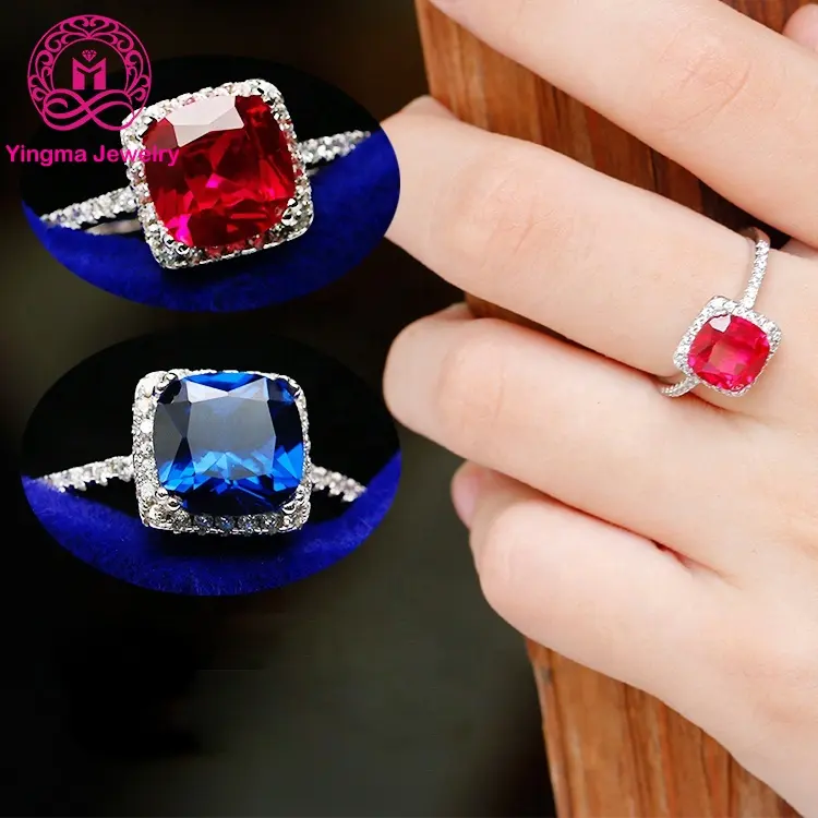 Commercio all'ingrosso della fabbrica 8x8mm taglio cuscino CZ/piccione sangue/zaffiro blu anello gemma anelli in argento Sterling 925 rubino per le signore